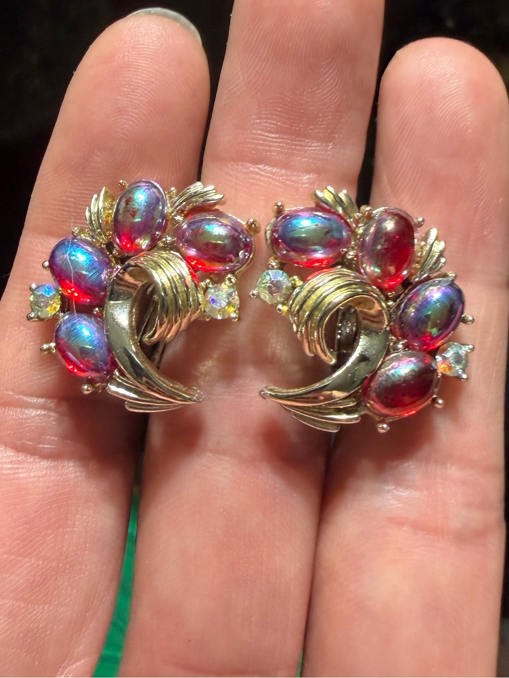 Vintage Coro Gold-Tone Red Aurora Borealis Earrings